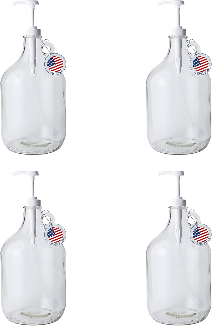Glass Laundry Detergent Dispenser 4-Pack with Pumps | 1 Gallon Glass Jug | Food-grade Laundry Detergent Pump Dispenser with airtight screw-top lid | non-slip base and 1.4 oz pump for liquid