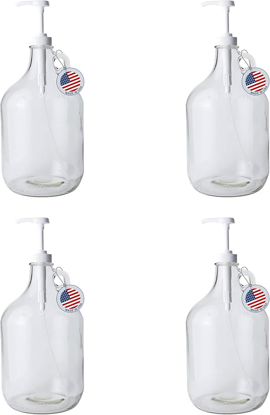Glass Laundry Detergent Dispenser 4-Pack with Pumps | 1 Gallon Glass Jug | Food-grade Laundry Detergent Pump Dispenser with airtight screw-top lid | non-slip base and 1.4 oz pump for liquid