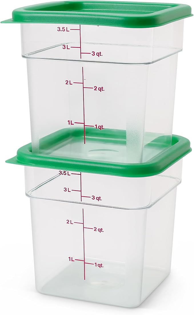 Cambro Food Storage Container with Lid (2 Pack) - Classic Series Square with Green Lid - 4 QT (Quart) - Commercial Grade for Food Prep (Clear)