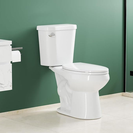 Two Piece Toilet, 17" Elongated with Upgraded Flushing, Single Handle (Side Mounted), Includes Soft-Close Seat & Hardware, White, 12" Rough-in