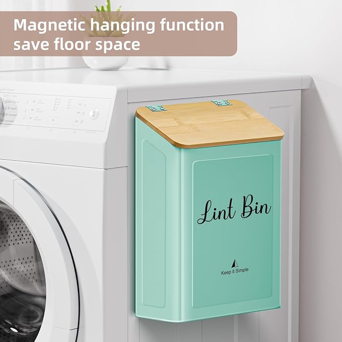 Magnetic Lint Bin for Laundry Room Organization and Storage,Light Green | Wall Mounted Metal Lint Box Holder Trash Can with Bamboo Lid for Dryer,Lint Basket for Laundry Room Decor