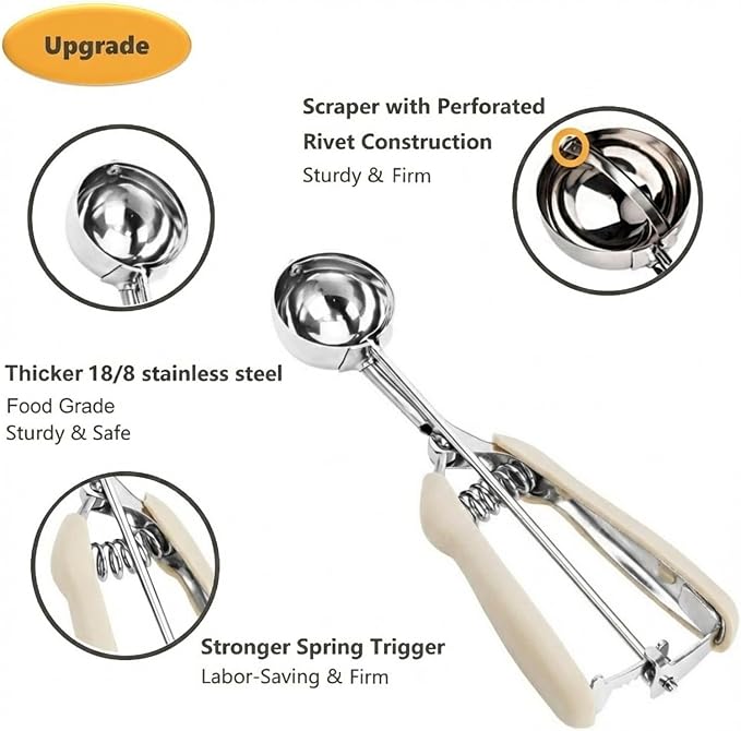 Cookie Scoop, 1Tbsp/15 ml/0.5oz Cookie Scoops for Baking, 18/8 Stainless Steel Cookie Scooper for Baking, Ice Cream Scooper with Trigger Release, Cookie Dough Scoop with Non-slip Grip (White)