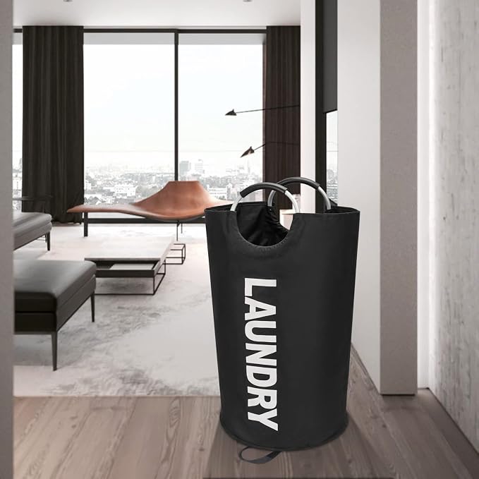 Maxsilan 90L Large Laundry Basket Bag, Collapsible Tall Hamper, Black | Freestanding tall laundry bag & foldable washing basket. Large capacity clothes storage bin with durable sturdy handles