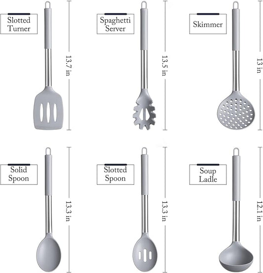 Silicone Kitchen Utensils Set - Culinary Couture 6-Pieces Grey Silicone Cooking Utensils Set for Nonstick Cookware - Stainless Steel Handle