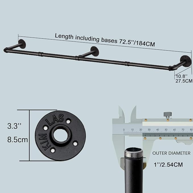 Industrial Pipe Clothes Rack with 3 S-shaped Hooks, 72’'L Wall Mounted Garment Rack, Heavy Duty Iron Garment Bar, Clothes Hanging Rod Bar for Laundry Room, Max Load 135Lb Black (2 Package)
