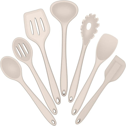 E-far Silicone Cooking Utensils Set, 7-Piece Khaki Heat Resistant Kitchen Utensils Set, Kitchen Nonstick Tools Spatula Ladle Spoon Pasta Server for Non-stick Cookware, Non-Toxic & Dishwasher safe