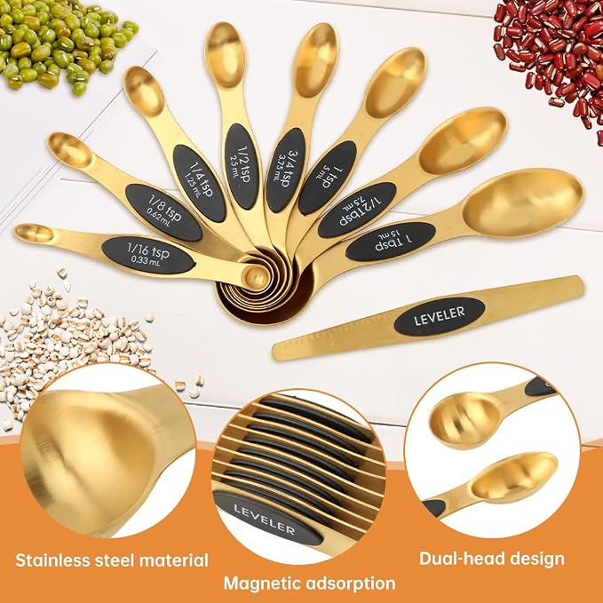 13Pcs Magnetic Measuring Spoons Set,Stainless Steel Measurin g Cups,8 Dual Sided Magnetic Measuring Spoons with Leveler,4 Nesting Measurings Cups for Liquid and Dry Ingredients(Golden,Size:Multi size)