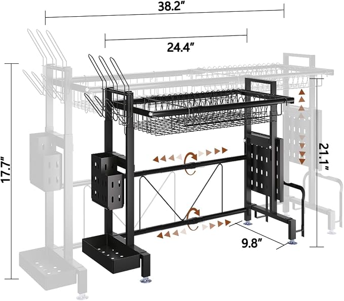 Over the Sink Dish Drying Drainer Rack - Height & Width Adjustable Large Capacity Stainless Steel Kitchen Storage Organization Plate Strainers Above Kitchen Counter (W24.4-38.2" ~ H17.7-22.1" Black)