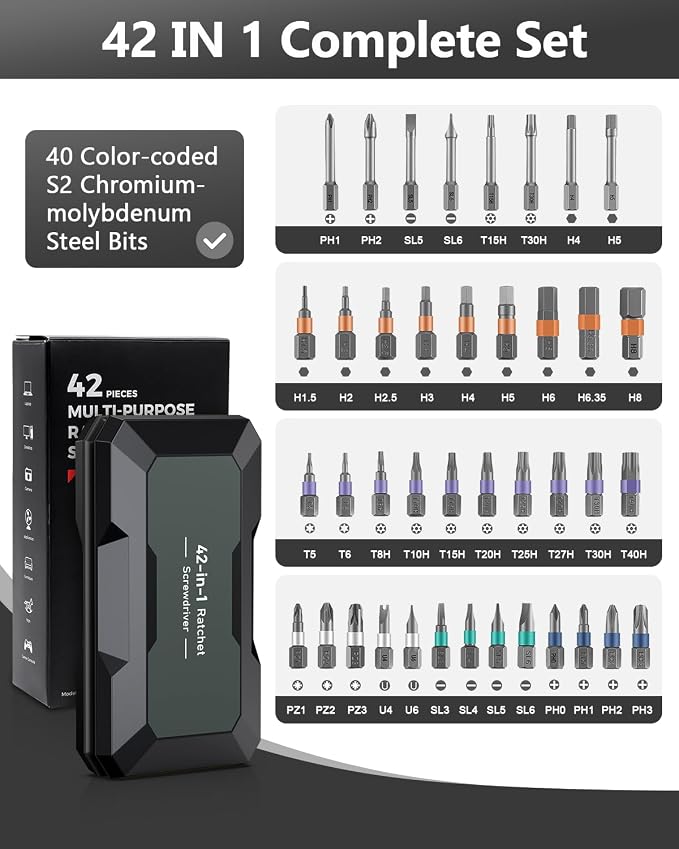 ORIA 42 in 1 Screwdriver Set, Magnetic Ratchet Screwdriver Kit with Ratchet Handle, 40 Precision Bits, DIY Repair Tool Kit for Electronics, Bike, Furniture, Computer, Phone