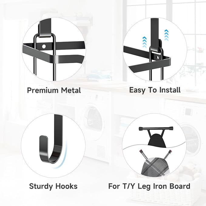Ironing Board Holder Wall Mount, Ironing Board Hanger, Over The Door Iron Boards Holder for Laundry Room Organization, Iron and Ironing Boards Caddy, Black Irons Hanger with Storage Basket(T&V Shaped)