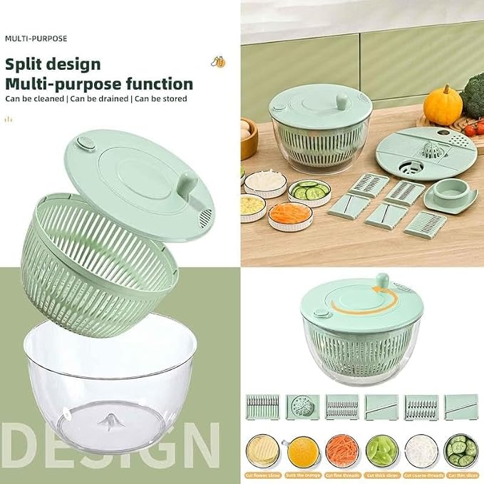 Ceruaxb Salad Spinner Chopper Large with 5 Blades Slicer, Vegetables Fruits Wash Bowl, Lettuce Spinner and Dryer, Egg Yolk Strainer Slicer Shredder for Kitchen Colander, 5.3 Qt, Green