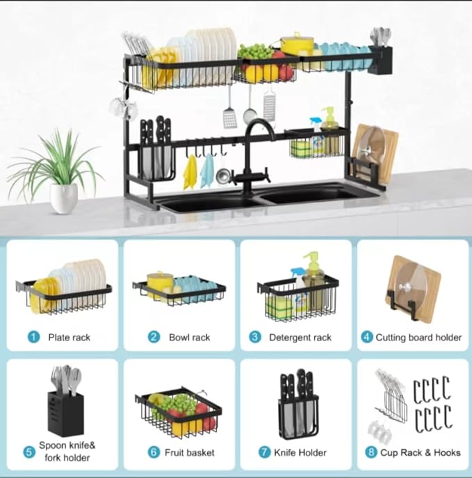 Over The Sink Dish Drainer Drying Rack,Stainless Steel Dish Dyring Rack Above Sink with Adjustable Height,Kitchen Counter Storage Shelf for Organizer Cookware,Cups,Cutting Board (33.4‘’-41.3‘’)