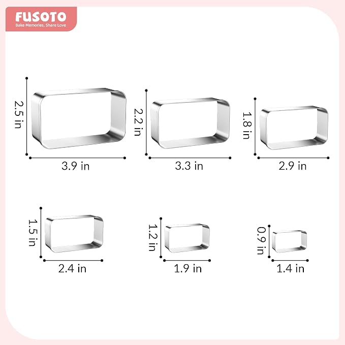 FUSOTO 6PCS Rectangle Cookie Cutters Set, Stainless Steel Kitchen Baking Supplies, for Biscuit, Homemade Cookies, Cake Decorating, Geometric Cookie Cutter, (1.5", 2", 2.5", 3", 3.5", 4"), Rectangle