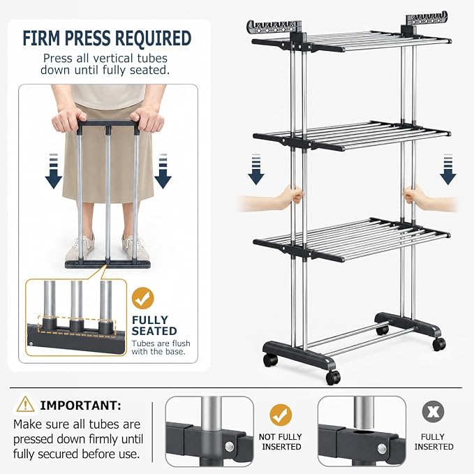 Reinforced Clothes Drying Rack Foldable, 4-Tier Drying Rack with Wheels | Heavy Duty Foldable Laundry Drying Rack for Indoor Outdoor Air Drying, Ideal for Large Families, 19.68"D x 29.92"W x 67.70"H