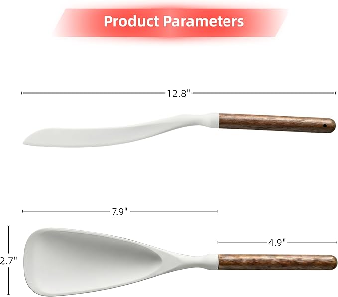Silicone Spatula Cooking Spoon 2 Pcs with Wood Handle Great for Cooking and Serving Sturdy BPA-Free Matte Silicone Suitable for Mixing and Scrape (White)