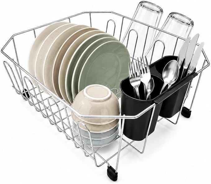 Small In Sink Dish Drying Rack, Stainless Steel Compact Dish Drainer with Removable Utensil Holder & 8 Cup Hooks, Rust-Resistant Rack for RV, Camper, Apartment & Small Kitchen, 11.6"W x 13.4"L, Silver