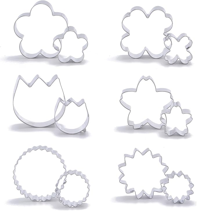 Flowers Cookie Cutter Set -12 Pieces - Plum Blossoms, Clover, Tulip, Cherry Blossoms, Sawtooth Circle, Sunflower Biscuit Fondant Cutters Stainless Steel