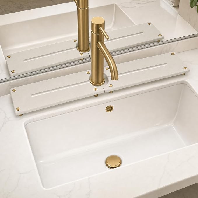 Stone Faucet Mat for Kitchen Sink, Water Absorbing Sink Tray Organizer for Bathroom Counter, Diatomite Soap Dish Coaster Caddy Riser, Sponge Holder Dispenser Mat, Gold Beige, 23.6" x 4"