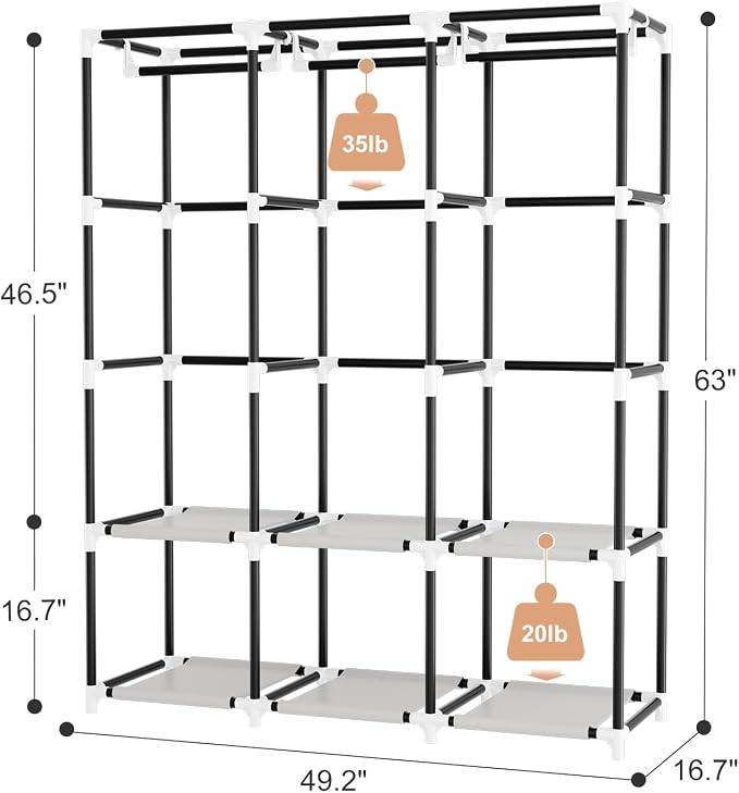Portable Closet with Cover, 3 Hanging Rods and Side Pocket, Sturdy Free Standing Closet, Grey