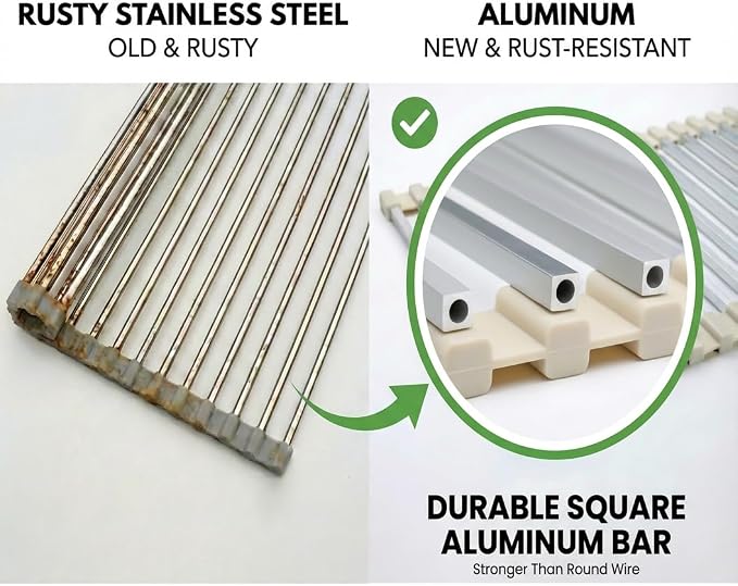 Medium Aluminum Roll Up Dish Drying Rack (17" x 13") - Fits Sinks up to 16 Inches, Heavy Duty Square Bar, Rust-Proof & Heat Resistant with Removable Dish Holder (Beige Medium)