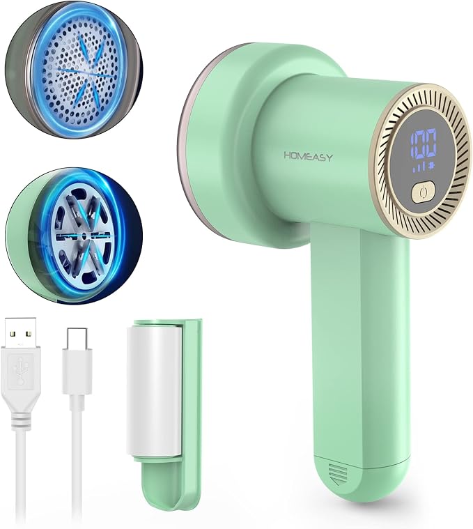 HOMEASY Fabric Shaver, Rechargeable Lint Remover for Clothes Green | Electric sweater shaver and depiller with 70mm head, 6-leaf blades, LED battery display and Type-C charging for Furniture