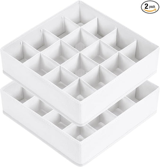 Joyoldelf Sock Drawer Organizer Divider, 16-Cell Underwear Organizers and Storage Fabric Drawer Organizer for Socks, Lingerie, Handkerchiefs, Ties Black, 2 Packs (White)