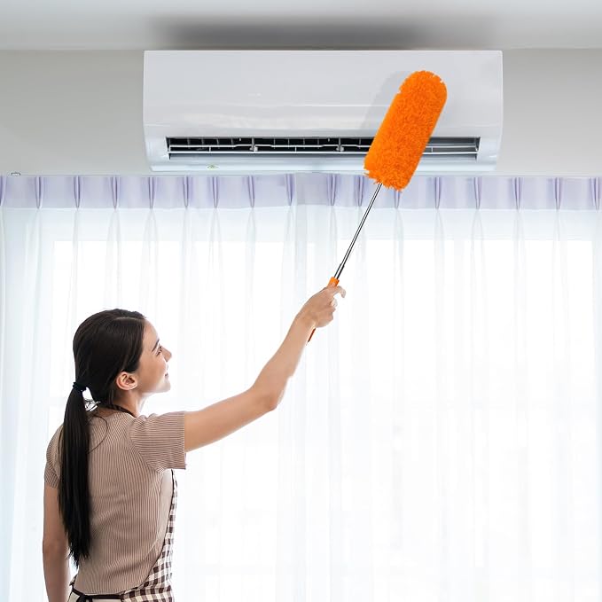 Tanlade 12 Pcs Microfiber Feather Duster for Cleaning, Extendable 13-31 Inch Ceiling Fan Duster with Bendable Head, Washable Tools for Ceiling Fans, Furniture, Car, Cobwebs (Orange)
