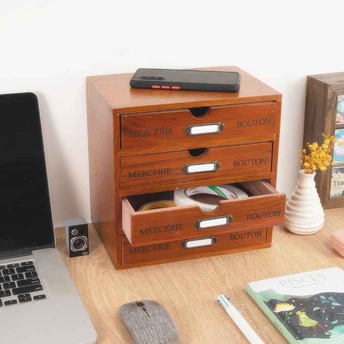Small Wooden Drawers Wooden Box with Drawer Brown | 4 Drawer Storage Box for Apothecary Cabinet, Apothecary Drawers，Desktop Organizer with Metal Handles for Office，Home
