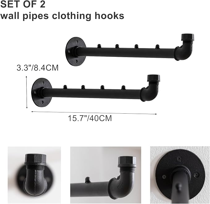 Industrial Wall Pipe Clothes Bar, Hanging Clothing Rack, Garment Rack | Heavy Duty Metal Coat Hanger with Hook, Clothing Hanging Rod/Rail/Organizer for Closet Home Bedroom Retailer Laundry, 2Pcs