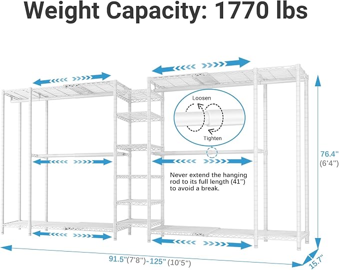 VIPEK X5 Extra Large Expandable Clothes Rack Adjustable from 7'8" to 10'5", Reach-in Closet Metal Clothing Racks Walk-in Freestanding Wardrobe Portable Closets, White