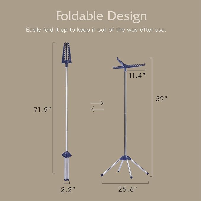 Beaudaily Clothes Drying Rack, Foldable Laundry Drying Rack, Indoor 59-Inch Drying Rack Clothing with 3 Rotatable Arms, Stainless Steel, Holds 27 Pieces, Space Saving, Portable, Blue and Silver