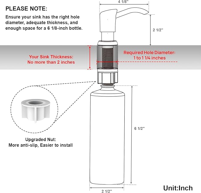 Built in Sink Soap Dispenser or Lotion Dispenser for Kitchen Sink, Chrome ABS Pump Head, with 17 Ounce Large PET Soap Bottle