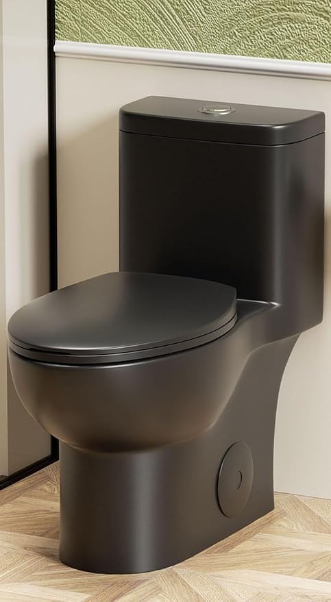Black One Piece Toilets for Bathrooms, Compact Dual Flush Toilet Elongated with Soft Closing Seat, Modern 12 Inch Rough in Toilet, 1.6 GPF & Map 1000g, Comfort Height, Silent Design (Black)