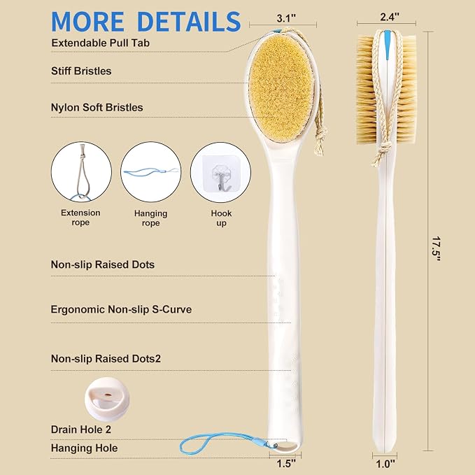 Extendable Back Scrubber –Non-Slip Dual-Sided, Deep Exfoliation | Two-hand pull -17.5"-31.5". Dual-sided stiff & soft bristles. Non-slip grip, quick-dry, rust-proof, rich lather.