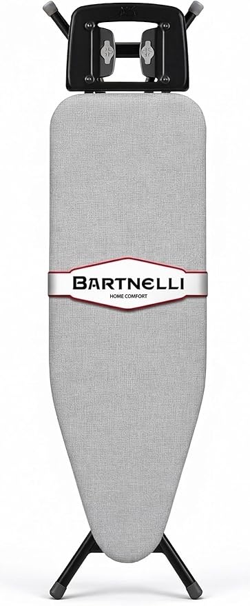 Bartnelli Extreme Stability Ironing Board 43x13 Upgraded Heavy-Duty Metal Frame & Iron Rest, Height Adjustable, Foldable, 4 Non-Skid Feet, 100% Cotton Cover, Made with Patent European Engineering