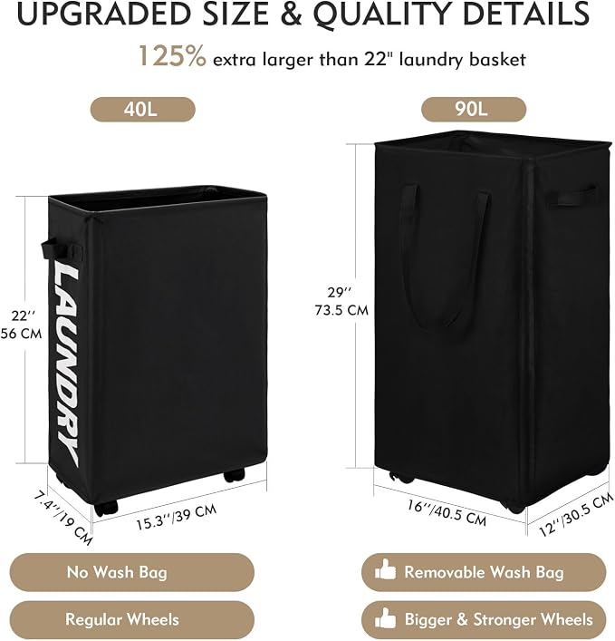 DOKEHOM 90L X-Large Rolling Laundry Basket Hamper on Wheels, Black | Collapsible clothes hamper with removable mesh wash bag. High-capacity foldable washing bin organizer
