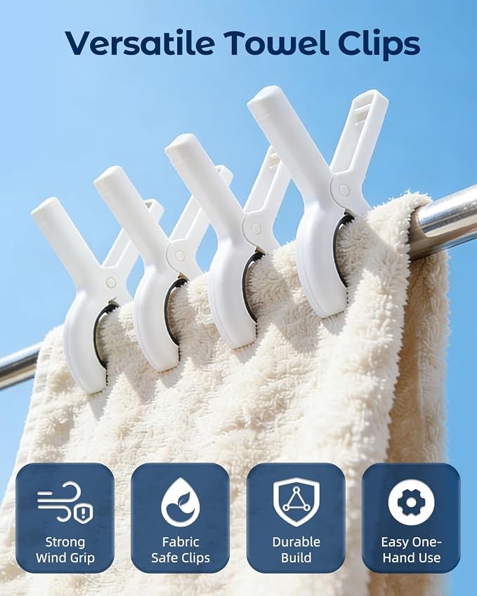 10 Pack Beach Towel Clips Heavy Duty Large Beach Essentials Chair Pool Clip | White Clips with Strong Grip, Silicone Protection, Rust Resistant Spring, Multi-Use for Beach, Boat, Cruise & Outdoors