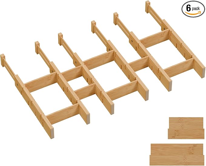 Bamboo Drawer Dividers, Expandable Kitchen Drawer Organizer | Include 6 Dividers, 6 Small Inserts and 6 Medium Inserts for Home, Office, Dressers
