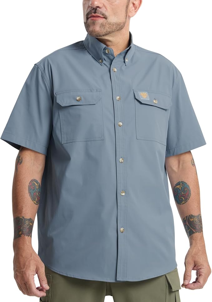 Mens Regular Fit Work Utility Shirt Midweight Short Sleeve Work Wear | Midweight stretch work shirt with reflective trim, 2 secure chest pockets, moisture-wicking comfort, easy-care fabric