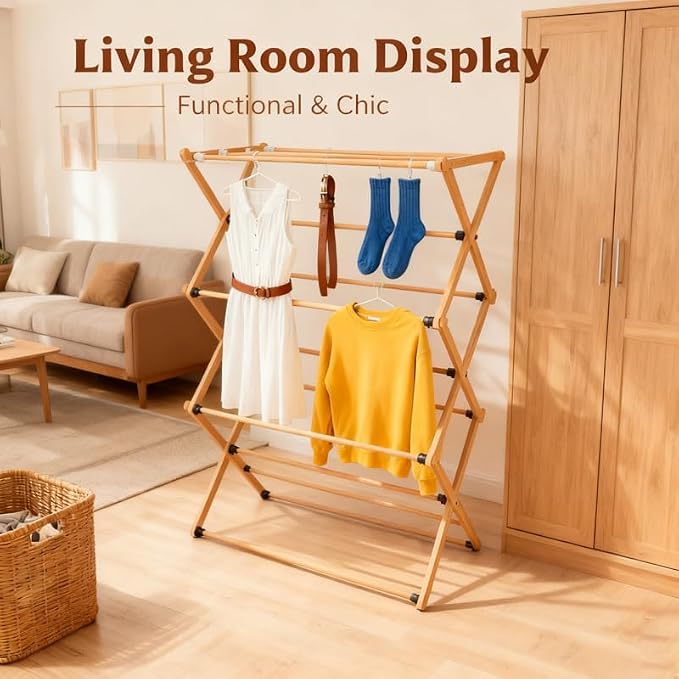 Foldable&Dismountable 3-Tier Bamboo Clothes Drying Rack, Multi-Tier Collapsible Laundry Hanger, Space Saving Garment Stand for Indoor Outdoor Balcony Bathroom. (Original, 28" D X 15" W X 39.3" H)