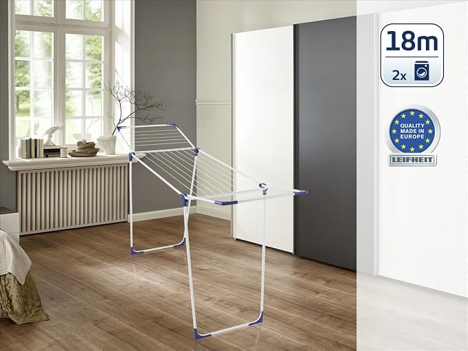 Leifheit Classic 180 Solid Standing Clothes Airer Laundry Hanger, Folding Clothes Rack for Outdoor and Indoor, 18 m Clothes Horse with 4 End Hooks for Hangers