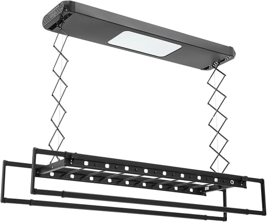 Electric Retractable Airing Rack, Ceiling Mounted Clothes Drying Rack, Retractable Clothesline, Vertical Laundry Drying Rod with LED Light & Remote, 110V 24W, Black