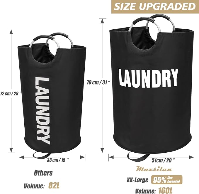 Maxsilan 160L XX-Large Laundry Basket Bag, Collapsible Tall Hamper, Black | Freestanding tall laundry bag & foldable washing basket. Extra large clothes storage bin with durable sturdy handles