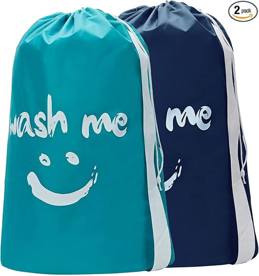 HOMEST 2pack XL Laundry Bag with Strap, Clothes Organizer for Dorm & Travel | Heavy-duty nylon material supports bulky garments and daily transport between baskets and storage areas, Blue & Sky Blue