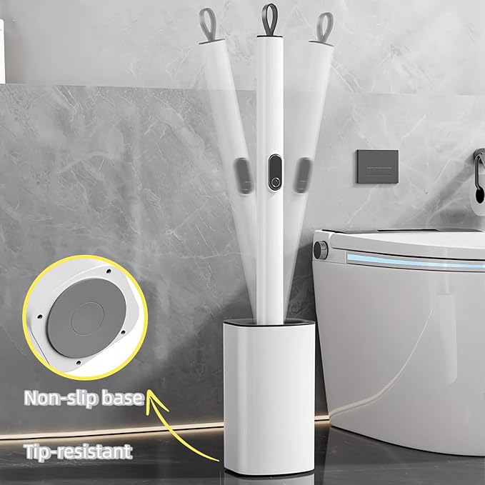 Extendable Toilet Brush & Holder Set, Disposable Toilet Brush – Silicone Head, Hands-Free Wet Wipe Attachment, Easy & Mess-Free Cleaning (White)