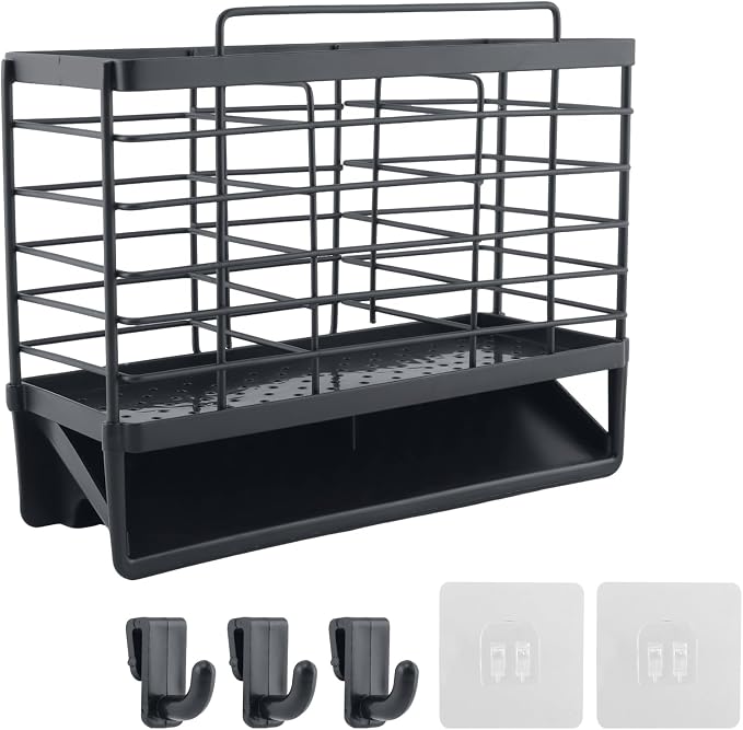 3-Compartment Dish Drying Rack for Kitchen, Carbon Steel Utensil Holder with Drain Tray, Utensil Caddy Organizer for Knives, Forks, Spoons, Chopsticks, Wall Mount or Countertop (Charcoal Grey)