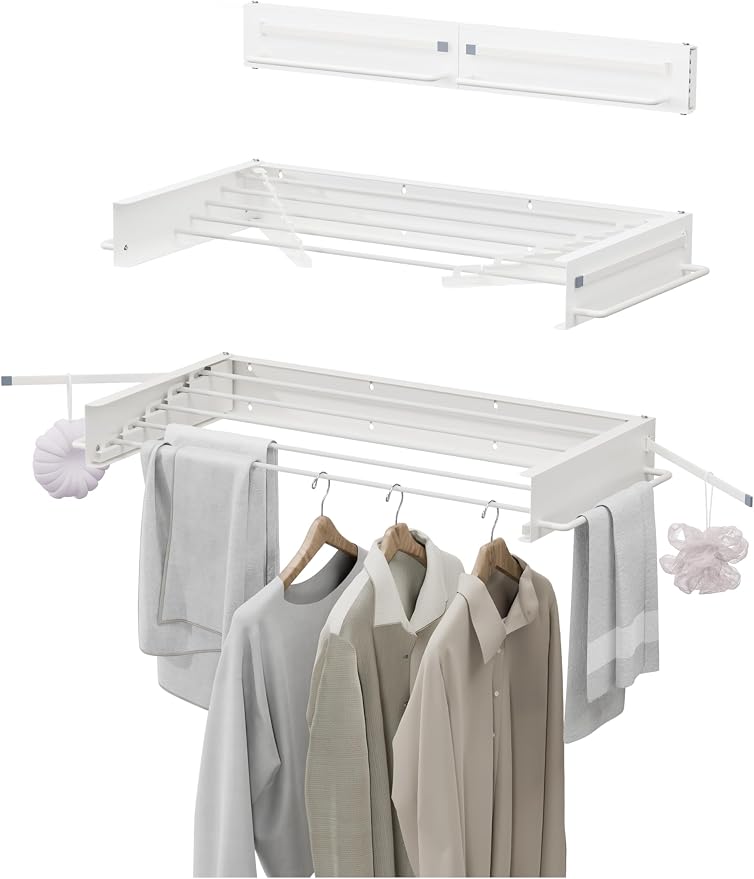 JOOM Wall Mounted Clothes Drying Rack,31.5 Inch Foldable Rack,White,Poles | 5 Aluminum Rods, 60 lb Capacity Collapsible Wall Mount Laundry Drying Rack for Laundry Room, Bathroom, Balcony