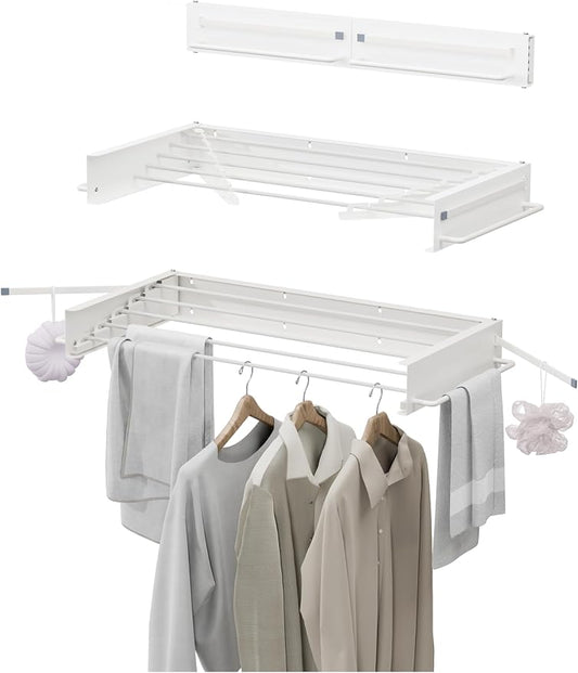 JOOM Wall Mounted Clothes Drying Rack,31.5 Inch Foldable Rack,White,Poles | 5 Aluminum Rods, 60 lb Capacity Collapsible Wall Mount Laundry Drying Rack for Laundry Room, Bathroom, Balcony