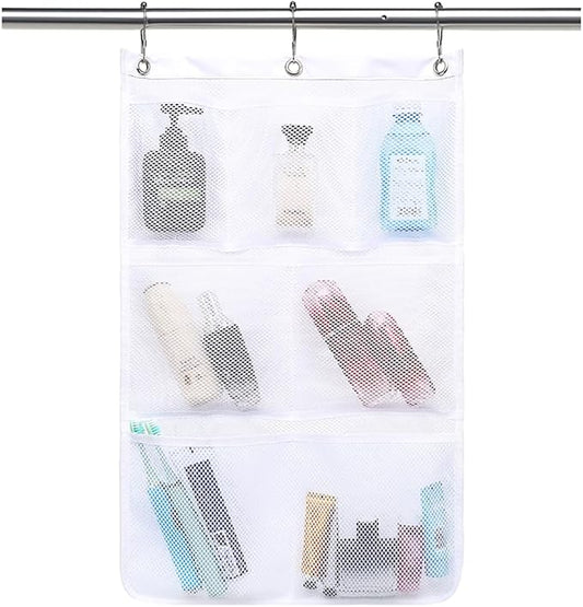 GYEUKHAM Mesh Shower Caddy Hanging Organizer with 7 Pockets and Hooks, Portable Quick Dry Bathroom Storage for College Dorm, Cruise, RV, Gym, Travel Toiletry Bag, White, 1 Pack