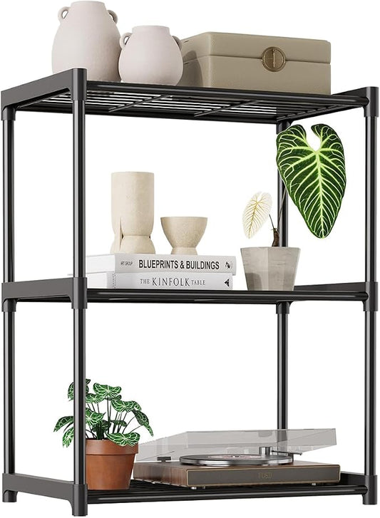 3-Tier Storage Shelves with Plastic Connectors – Metal Shelf Organizer for Pantry, Closet & Bathroom, Space-Saving Sturdy Shelving Unit Rack, Black, 17.3" x 12.8" x 28.9"